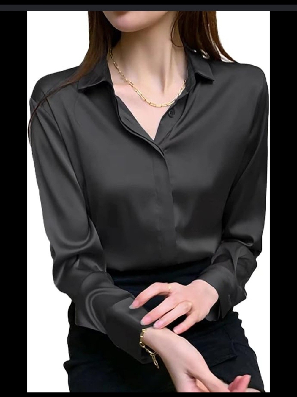 Worthington Black Satin Button-Front Blouse